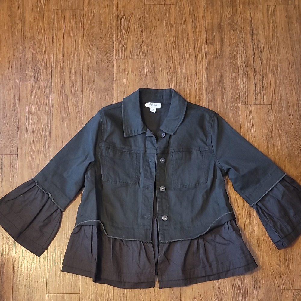 Olive And Dark Gray Ruffle Sleeve Jacket